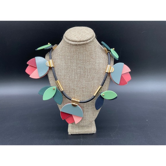 Fossil Y2K Petal Necklace – Colorblock Leather Statement Flowers 18–20" Retro - Picture 1 of 8